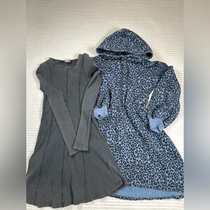 Girls Dress Bundle L/S Animal Print Dress Hooded Stretch SZ 10-12 Blue Grey 2Pcs